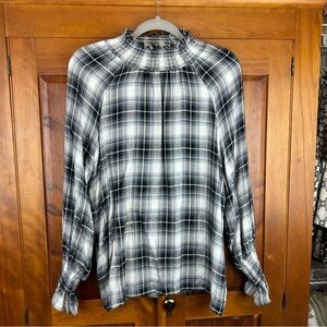 Jane and Delancey Plaid Smocked Sleeve Trim High Neck Cottagecore Flannel Top